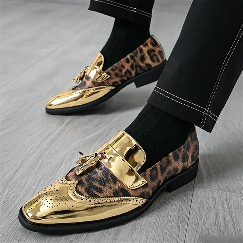 Luxury Designer New Men's Leopard Pattern Patchwork Tassel Brogues Oxford Shoes Male Wedding Dress Homecoming Formal Footwear