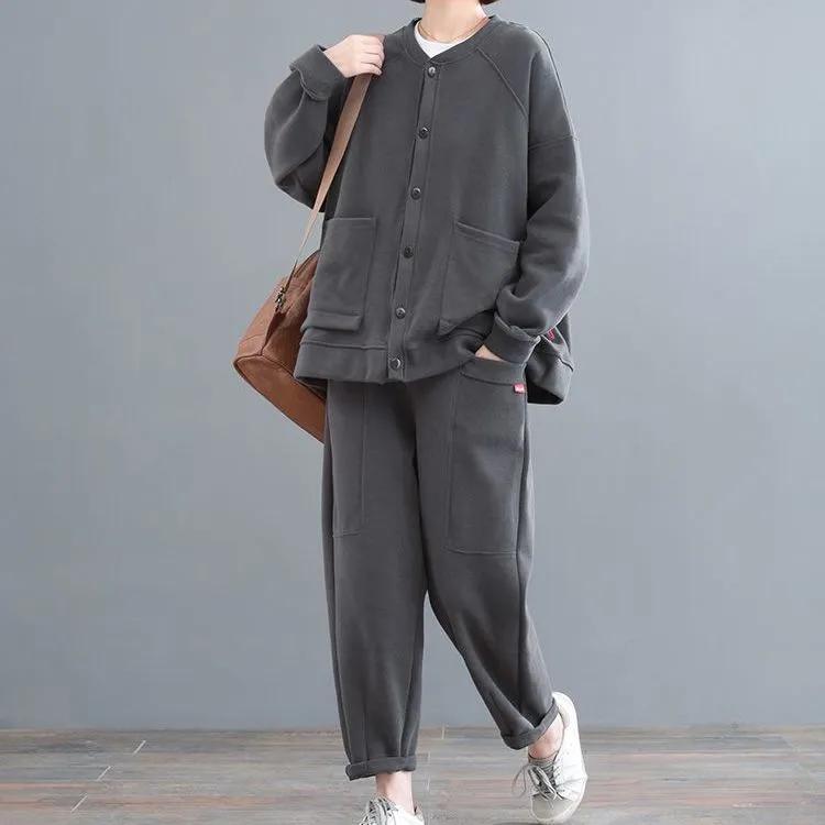 Podzimní a zimní zateplený oblek plus size pro ženy Korejská verze volného kardiganu a saka Dvoudílný oblek pro ženy