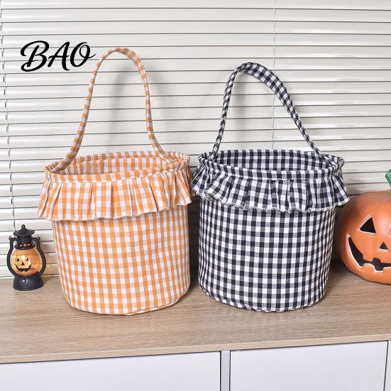 Versatile Household Storage Halloween Basket, Plaid Ruffle Trick or Treat Candy Bucket with Handle Home Organization Baskets for Kids, Reusable