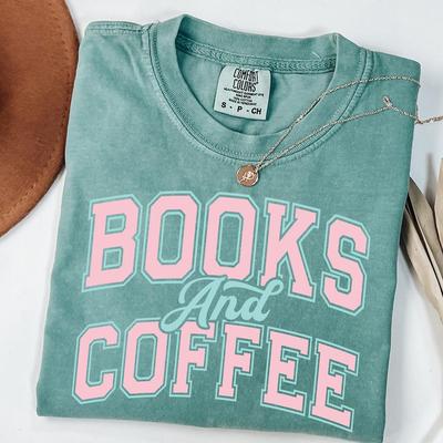 Comfort Colors Books and Coffee Shirt, Gift for Book Lover, Bookish T-Shirt, Reading Top, Bookworm Gift, Librarian Top, Book Club Apparel