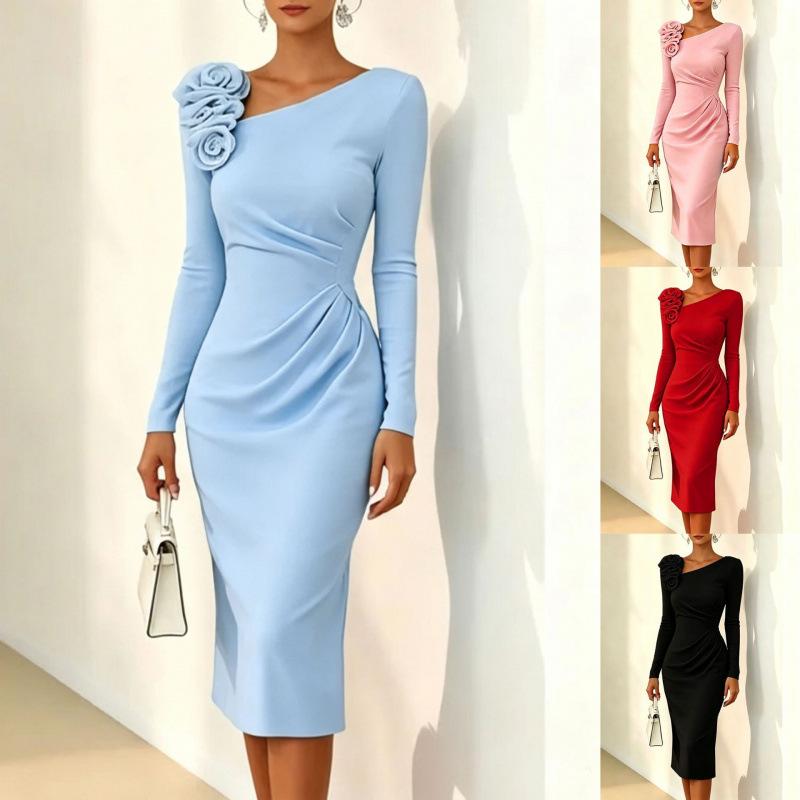 Popolare abito da donna europeo e americano con fiore tridimensionale, spalla obliqua, aderente, elegante gonna a tubino da donna