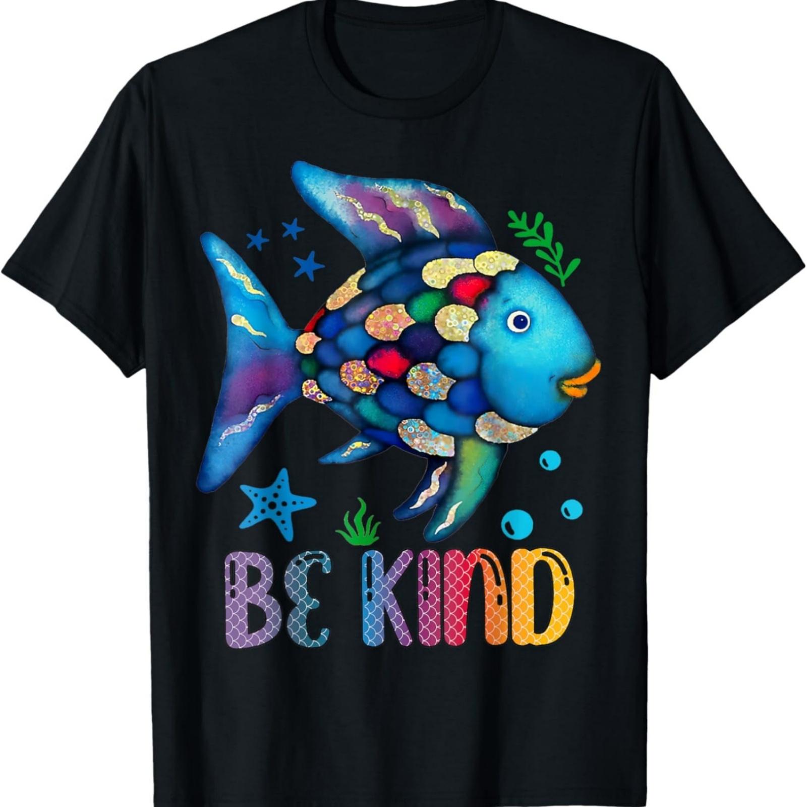Kids Be Kind Rainbow Scale Fish Teacher Reading Book T-Shirt S