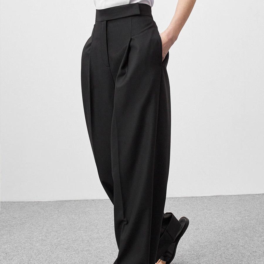 Hot Selling Simple Black Floor-Length Wide-Leg Trousers Commuting Loose High-Waist Draped Suit Pants for Women
