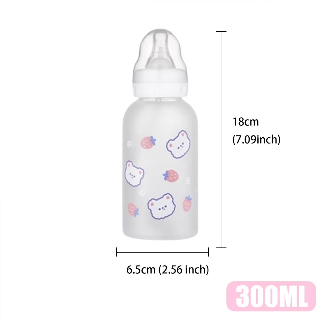 CutiePlusU Adult Baby Large Printed Glass Baby Strawberry Bear Design Bottle, 300ml, Portable, Direct-Drink, Size, Bottle,