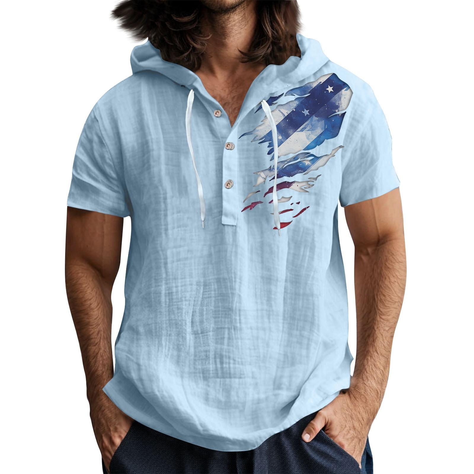 

Men S Casual Short Sleeved Hooded Top Buttoned Open Neck T-Shirt M синій