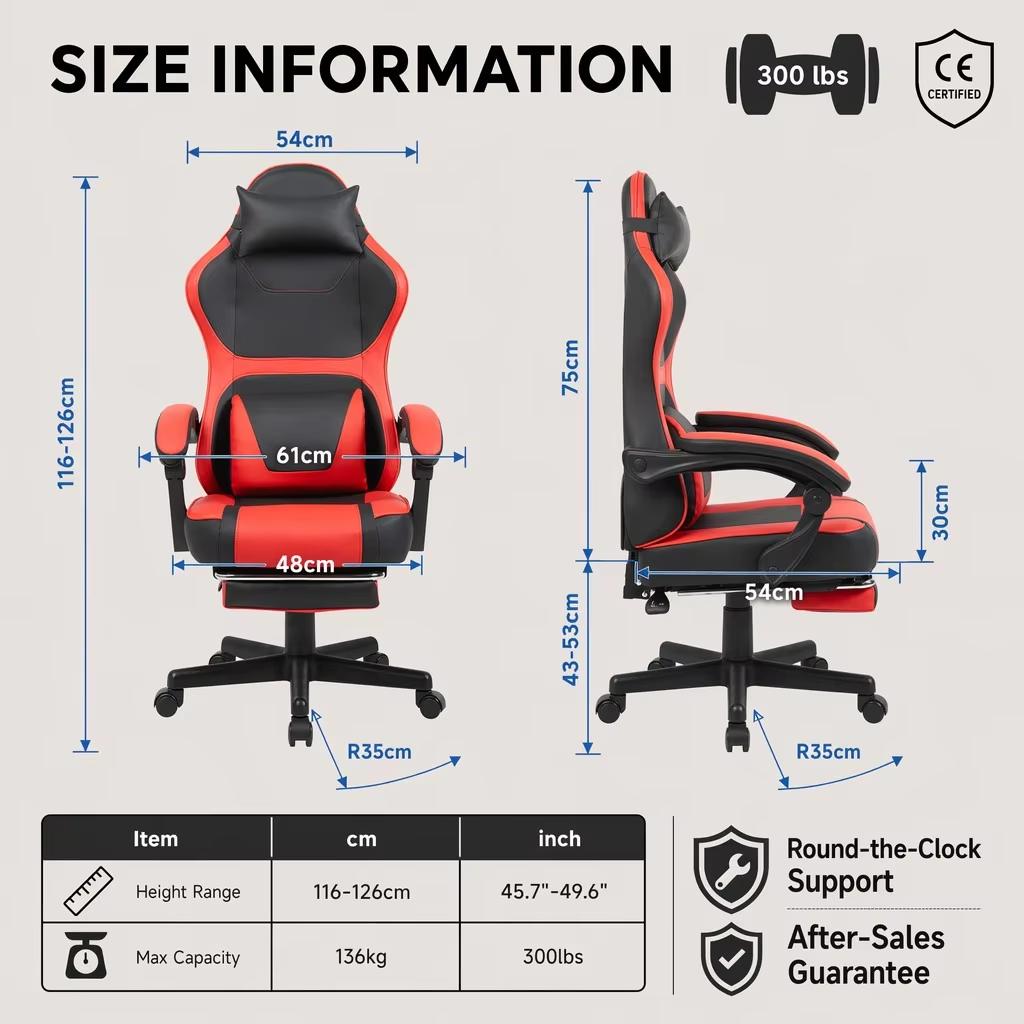 Ergonomic Gaming Chair in Black-Red, Equipped with a Retractable Footrest and a Double Cushion for the Lumbar Area – Home Office and Relaxation Breaks