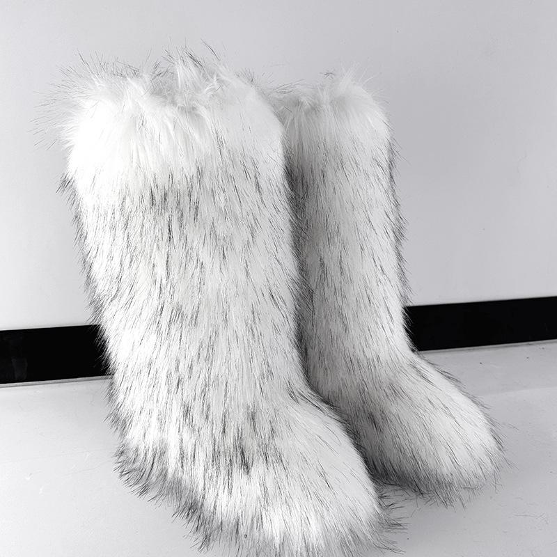 Huňaté kozačky Dlouhé vysoké zimní imitace liščí kožešiny huňaté sněhule Pánské a dámské zimní velké velikosti kožešinové nadkolenky