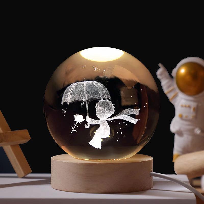 8cm Crystal Ball Night Light Galaxy 3D Laser Engraved Ornament Wooden Galaxy Night Lamp