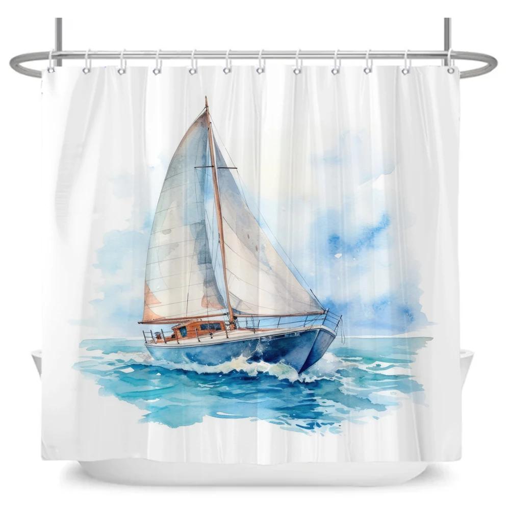 Nordic style Ocean Sailboat Print Fabric Waterproof Shower Curtain with Hooks For Bathtub Bathroom Screens Home Decor Wall Cloth