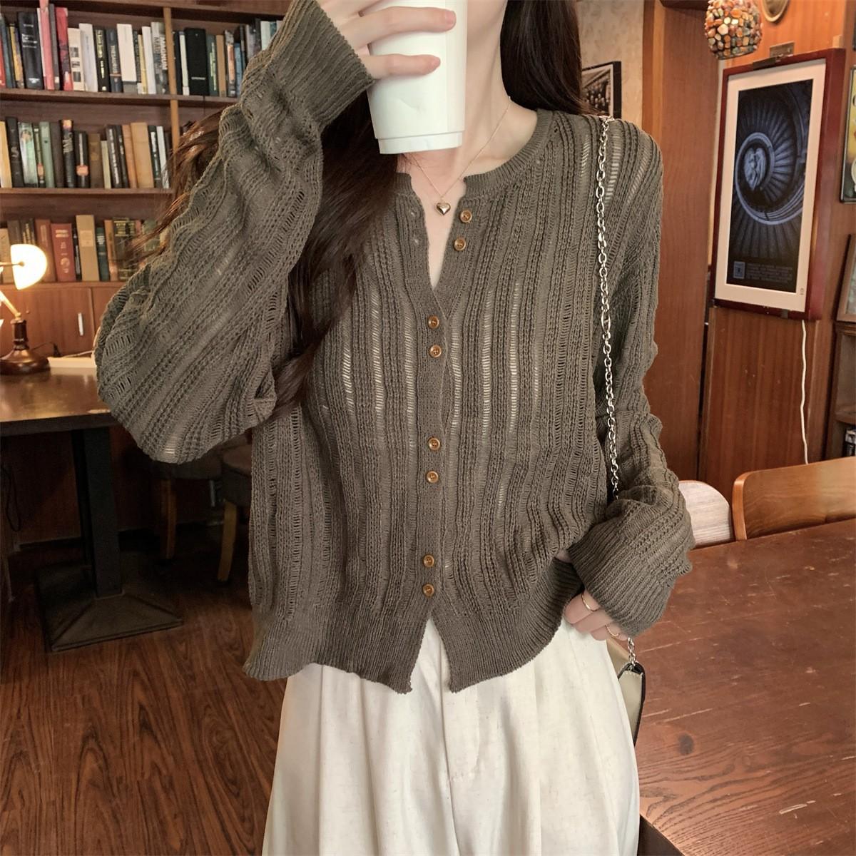 

Женский дизайнерский кардиган на весну-осень, вязаный топ с разрезом и пуговицами, рубашка с длинным рукавом для защиты от солнца One Size