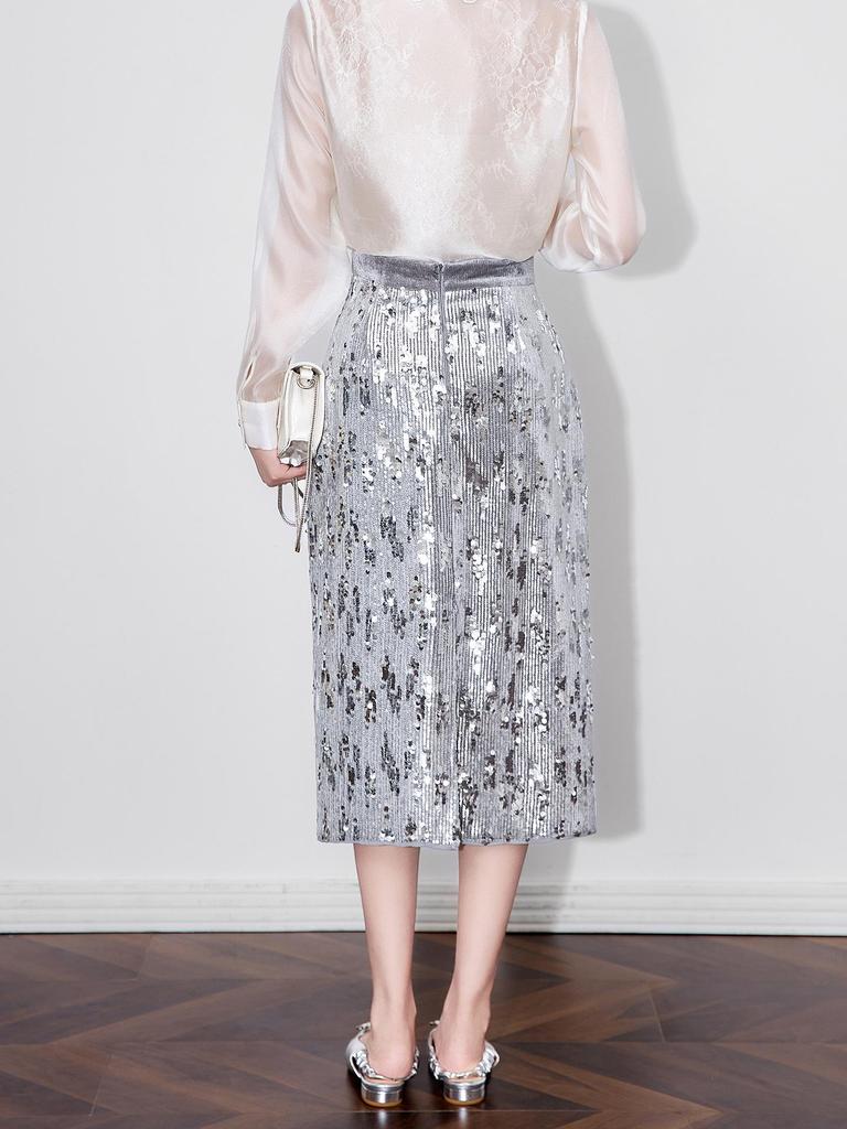 Dazzling Silver Sequin High-Waist Midi Skirt for Women - Autumn Fashion