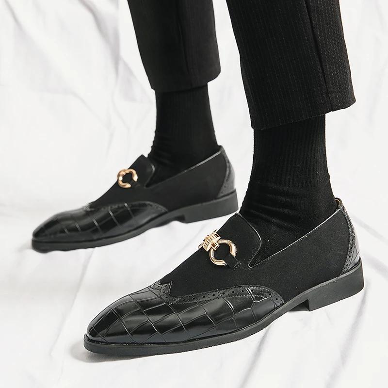Loafers Men Shoes Stone Pattern PU Stitching Faux Suede Metal Buckle Fashion Business Casual Wedding Party Dress Shoes