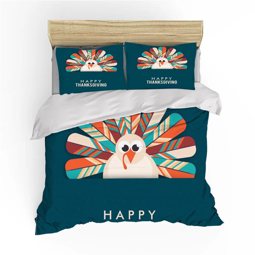 Høst Takkedag Dynetrekk King Queen Tegneserie Oransje Gresskar Kalkun Sengetøy Sett Lønneblader Mykt Polyester Dynetrekk