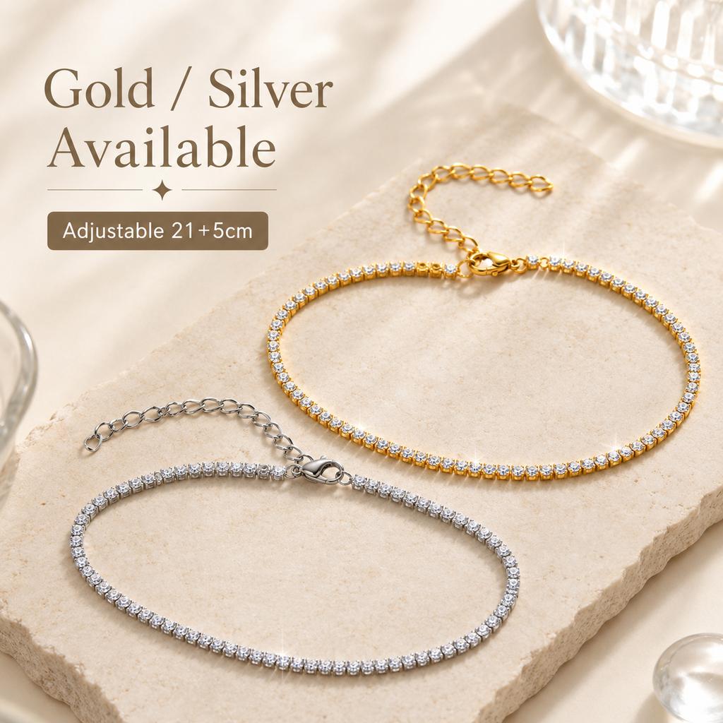 Zirkonia Tennis-Fußkettchen für Damen Edelstahl 18K Gold Plated CZ Fußkette Layering Sommer Anlaufgeschützt Wasserdicht