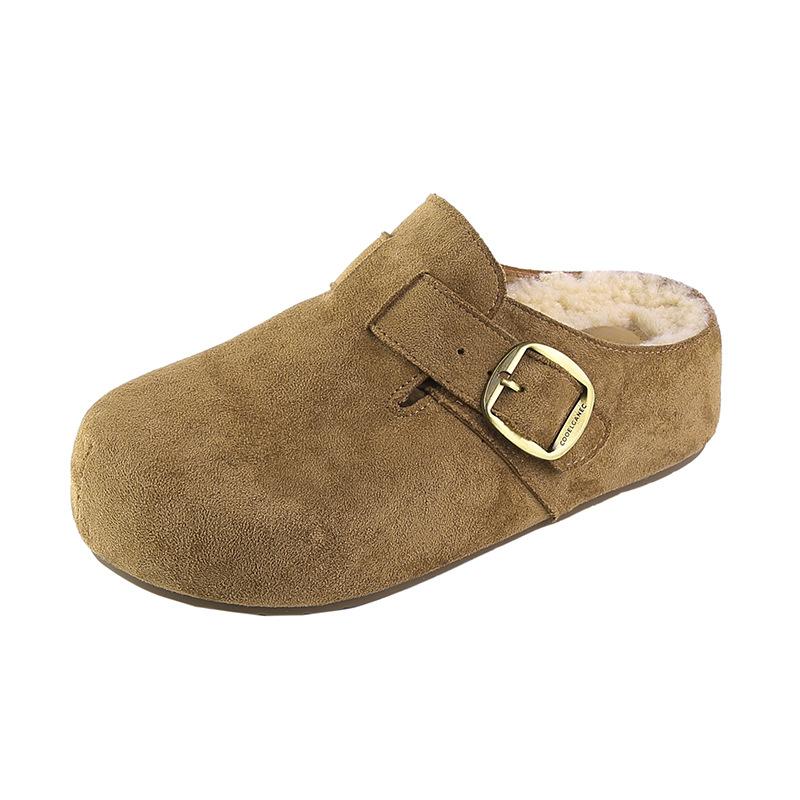 2025 Autumn and Winter New Belt Buckle French Retro Loafer Women's Shoes Doudou Velvet Platform Versatile Cotton Slippers