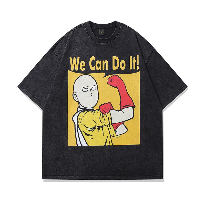 Harajuku Japanese Street Cartoon Print Old Short-Sleeved T-Shirt Men'S Trendy Brand Hip-Hop Loose Washed Five-Quarter Sleeve T-Shirt