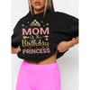 Europese Maat Dames Casual T-shirt met Korte Mouwen - "Mama van de Verjaardag Prinses" Grafische Print met Kroon & Sterren, Zacht Rekbaar Topje met Ronde Hals