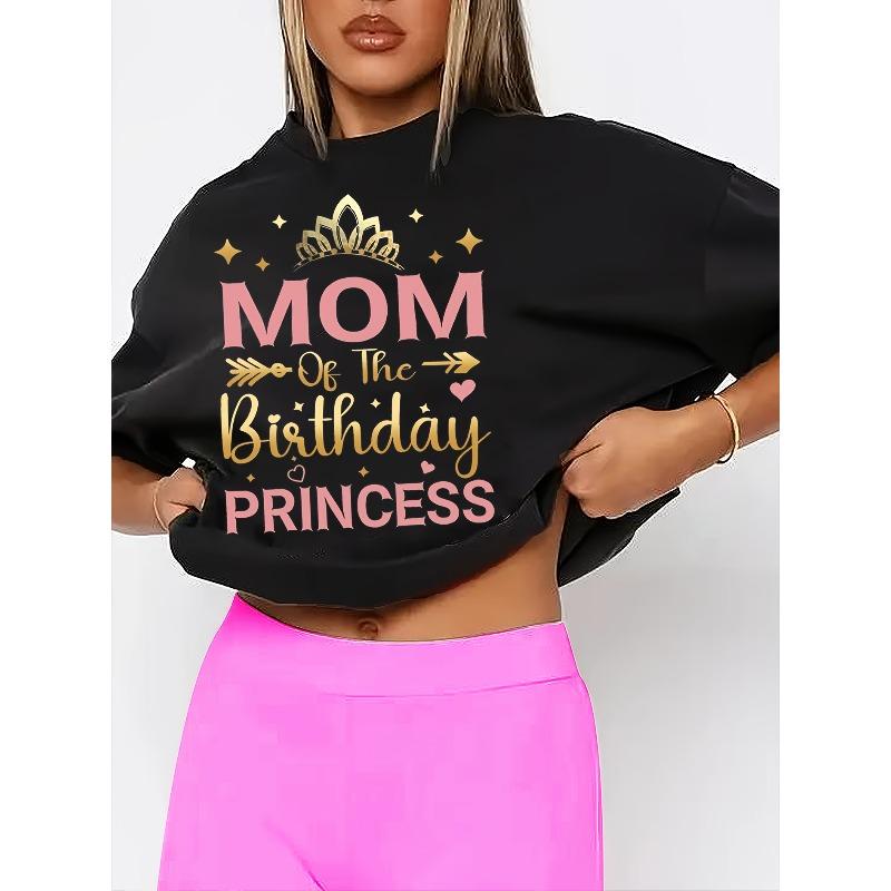 Europese Maat Dames Casual T-shirt met Korte Mouwen - "Mama van de Verjaardag Prinses" Grafische Print met Kroon & Sterren, Zacht Rekbaar Topje met Ronde Hals