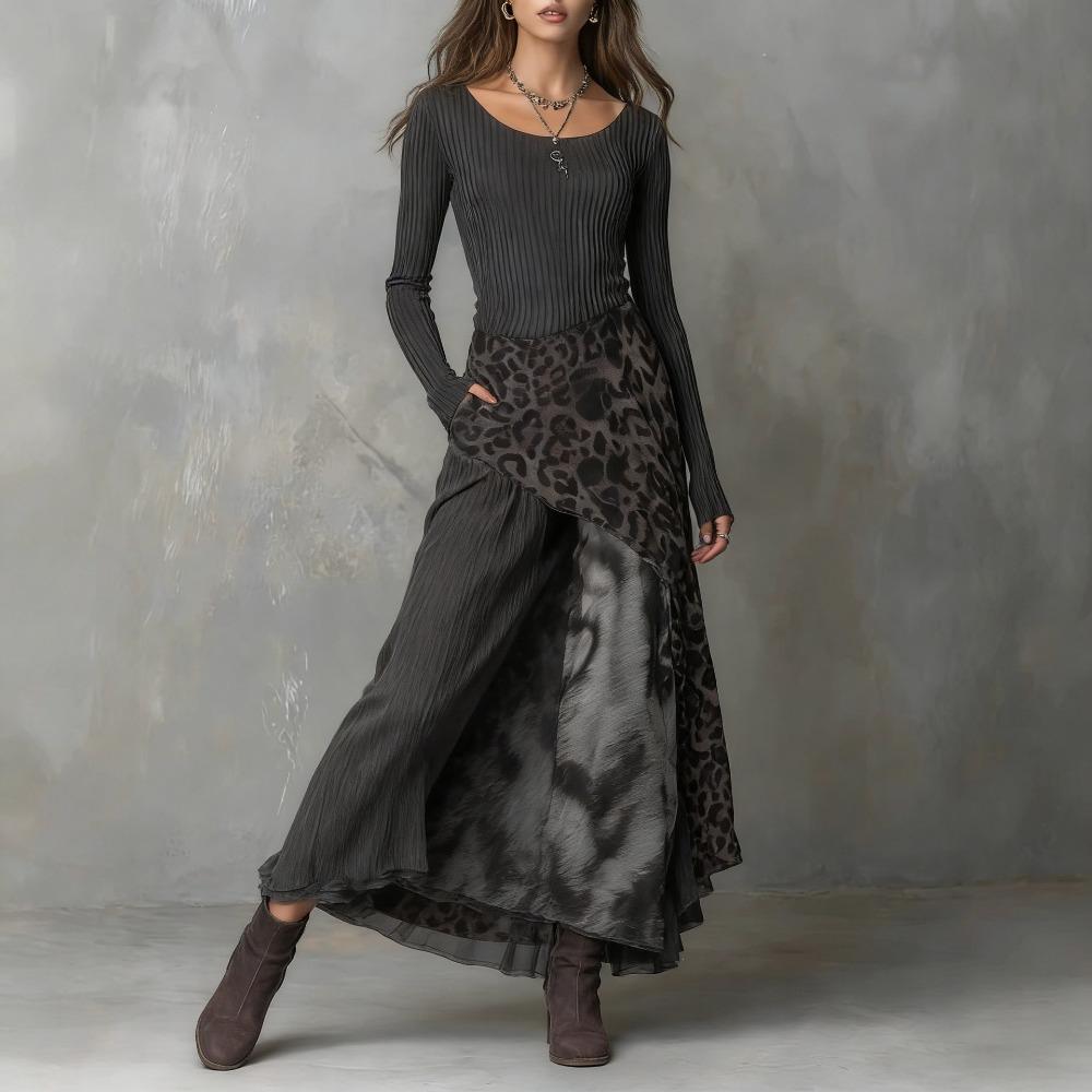 Women s Round Neck Long Sleeve Leopard Print Asymmetrical Maxi Dress Slim Fit High Waist Elegant Dress S чёрный
