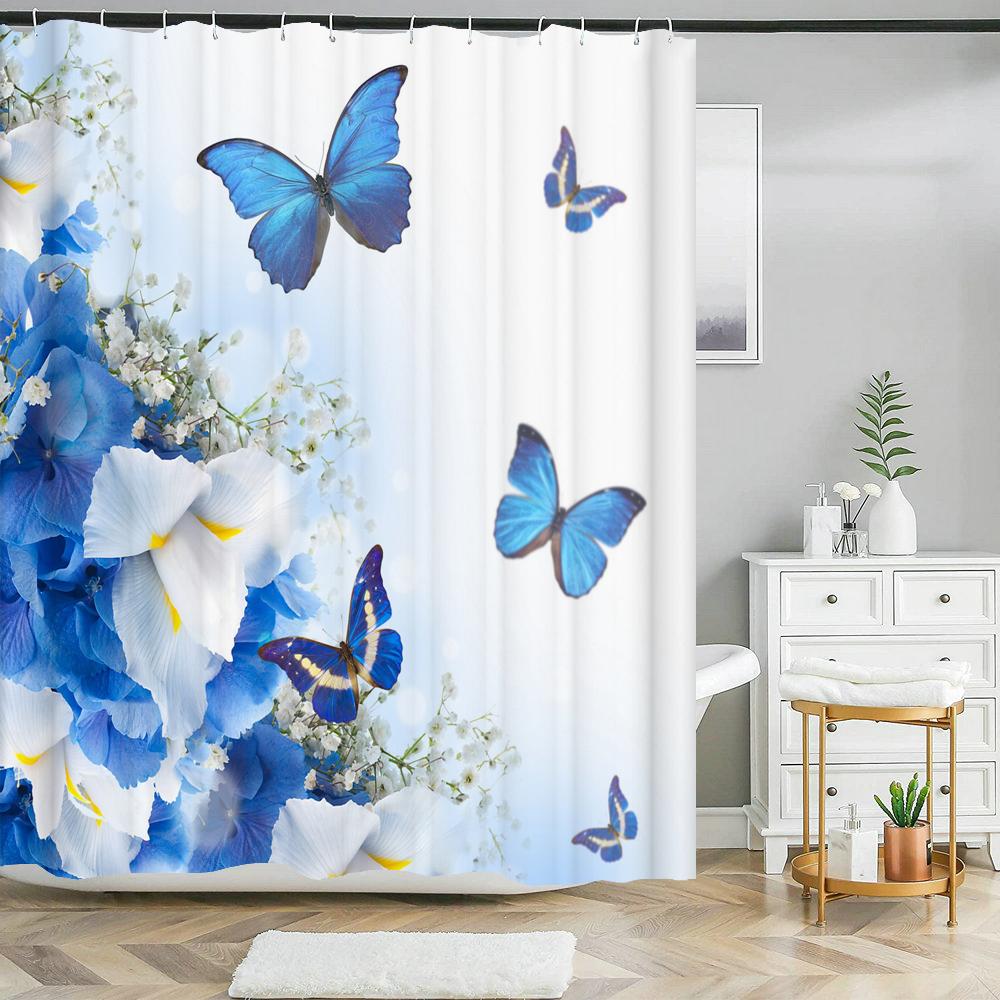 180*180cm Blue Rose Flowers Fabric Shower Curtains Bath Mat Rugs Beautiful Butterfly Flower Bathroom Curtain Set Home Decoration