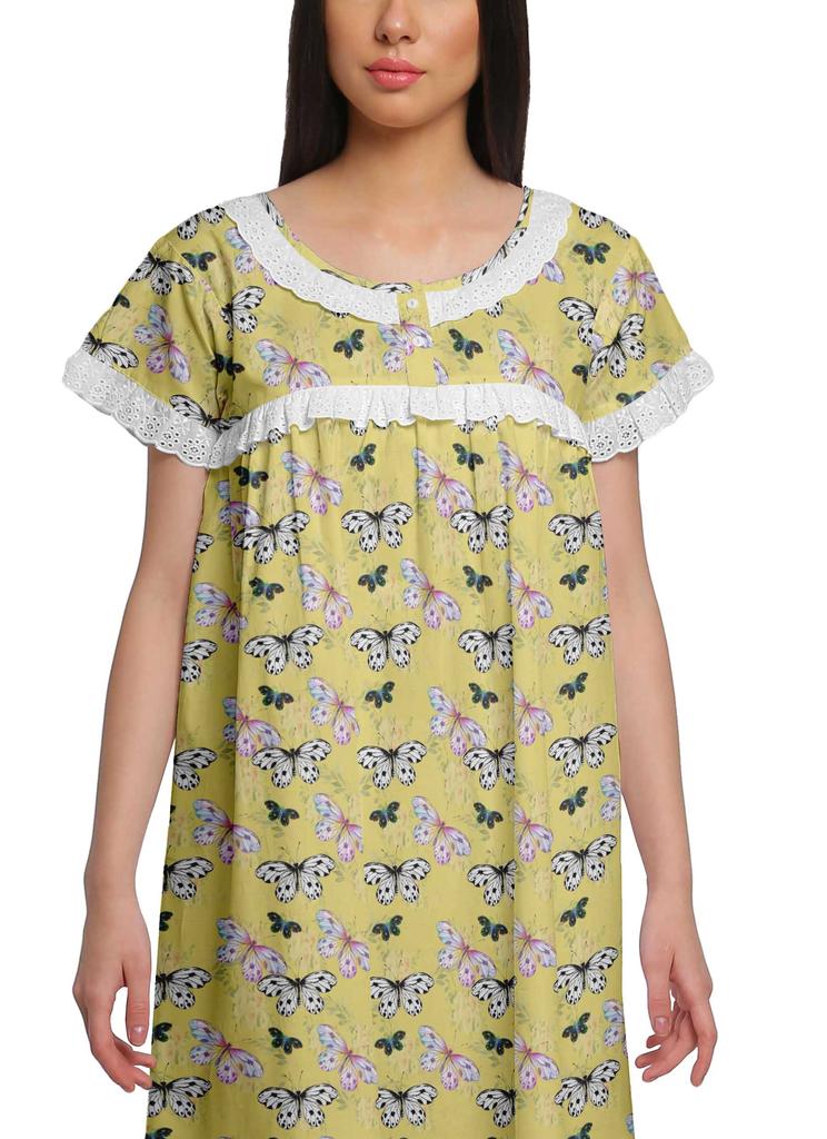 Moomaya Printed Short Sleeve Knee Length Nightdress Round Neck Sleepwear
