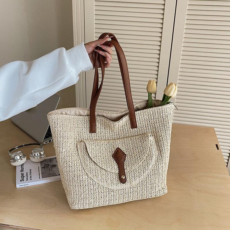 Yogodlns Women's Woven Straw Tote Bag Leather Patchwork Decor Large Capacity Casual Daily Beach Vacation Shoulder Handbag