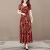 Vintage Floral Maxi Dress for Women Plus Size Summer V Neck Short Sleeve Loose Ankle Length Pullover Dress Casual Clothes
