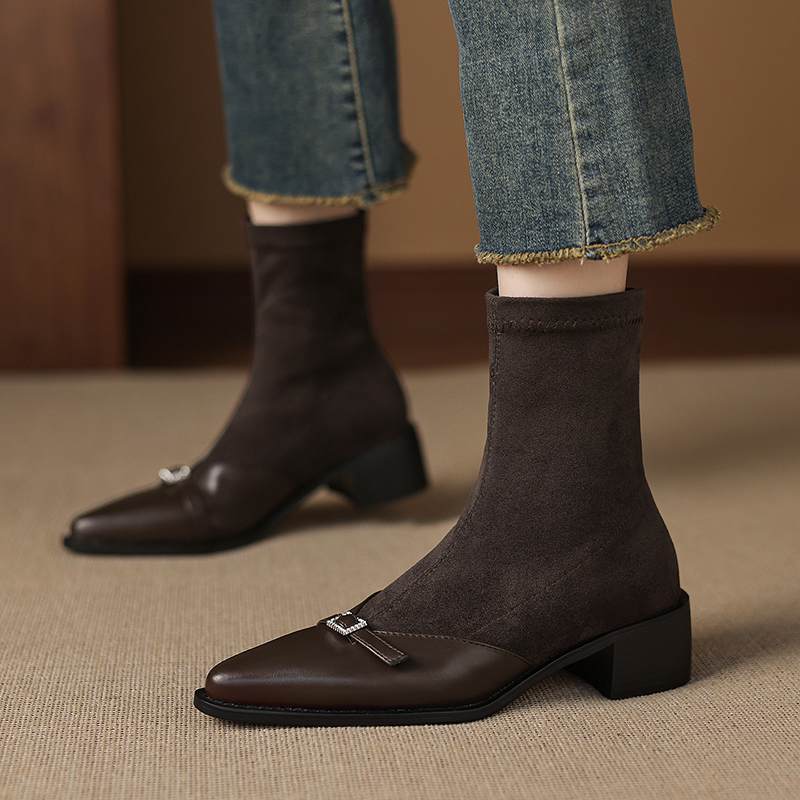 Krazing Po Microfiber Winter Pointed Toe Size 33 Western Boots Size 43 Metal Buckle Thick Heels Elastic Ankle Boots