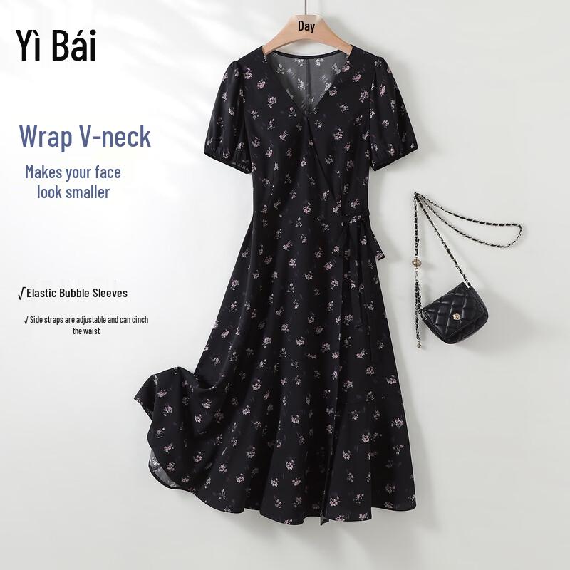 Women s V-neck Wrap Print Mid-length Dress M