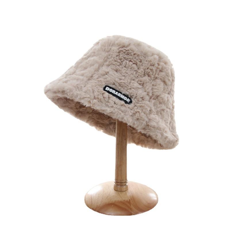 Autumn and Winter Plush Hat Women's Lamb Velvet Letter Fisherman Hat Showing Face Small Korean All Match Thickened Warm Bucket Hat