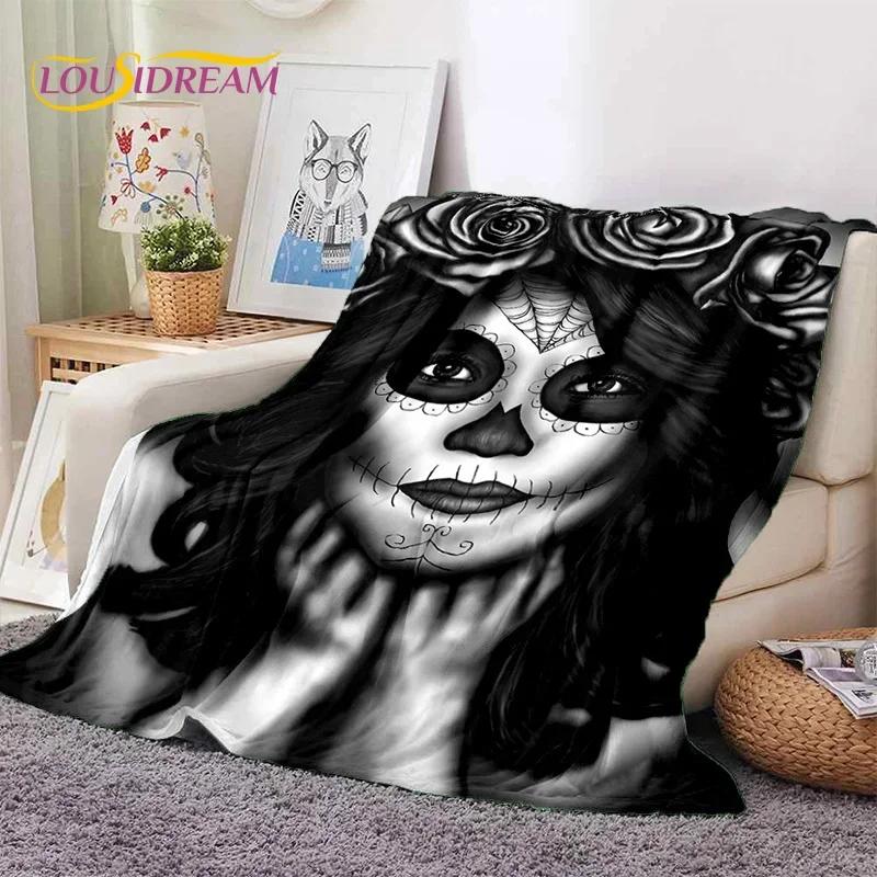 Totenkopf Totes Mädchen 3D Gothic Horror Weiblich Rose Weiche Flanelldecke für Betten Schlafzimmer Sofa Picknick, Überwurfdecke zum Zudecken Freizeit