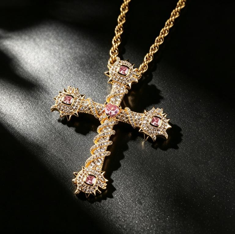 Copper Inlaid with Pink Zircon, Full Diamond Cross, Hip-hop Necklace, Unisex Trendy Accessory