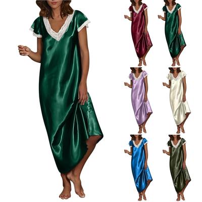 Fashionable Ladies Pajamas Long Dress Lace V-neck Short Sleeve Loose Dress