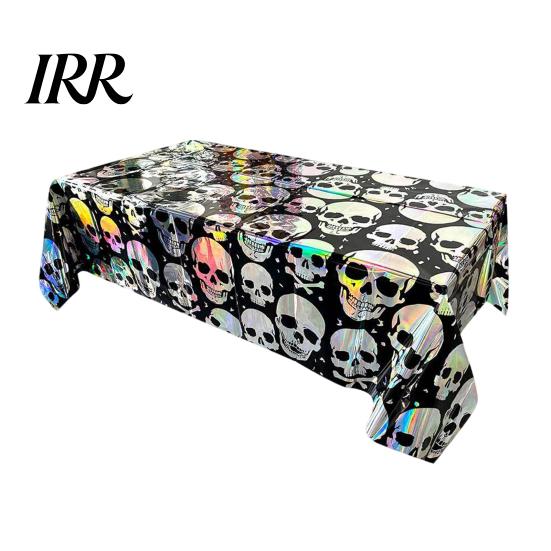 Halloween Background Skull Foil Fringe Curtain, Iridescent Disposable Tablecloth, Tinsel Curtain Table Cover Backdrop for Holiday Party Decoration