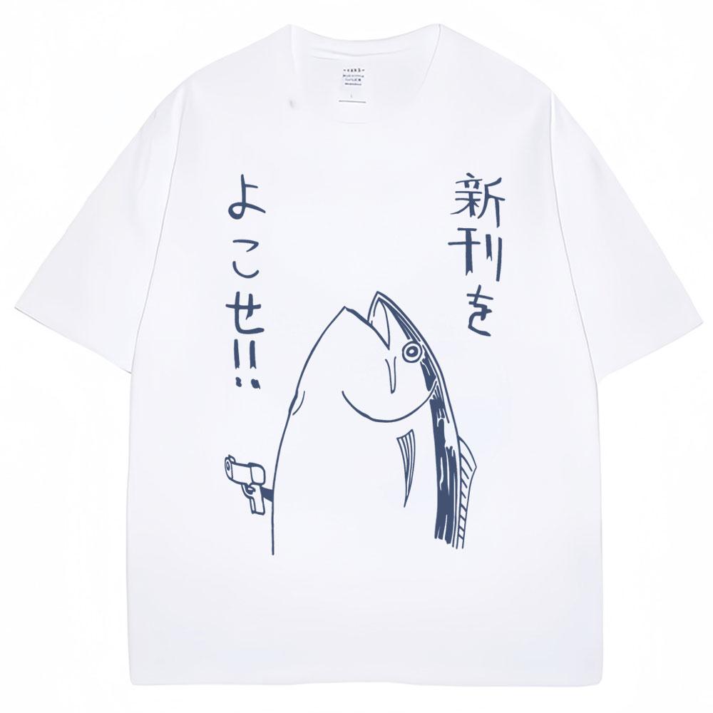 Japanese Style Fish Hold Up Meme Funny Graphic T Shirts Unisex Unisex Vintage Fashion TShirt Cotton Oversized ONeck Casual T Shirt