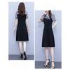 Summer Slimming Short Sleeve Dress with Pearl Splicing Youthful and Belly Covering