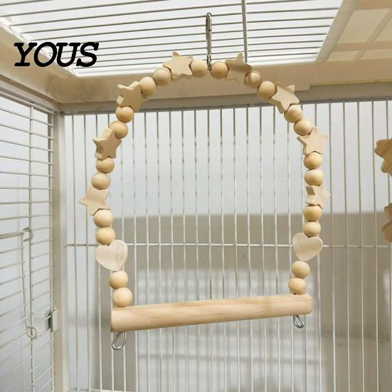 Parrot Cage Accessories Swing Perch, Solid Wood Perch Pole, Wooden Blocks And Healthy Bird Toy Beads Arch, Unpainted for Small Medium Parrots with