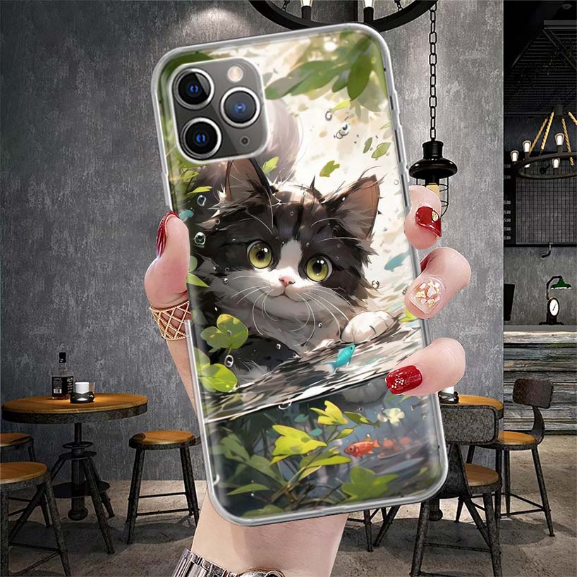 Cartoon Cute Cat Fish Aesthetic Soft Phone Case For IPhone 11 17 Air 16E 16 Pro Max 15 + 14 Plus 13 Mini 12 Apple 7 SE 8 Fundas