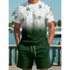 Summer Men's Short Sleeve Palm Tree Print Two Piece Drawstring Shorts Set Fashion Men's Vacation Beach Casual Suit