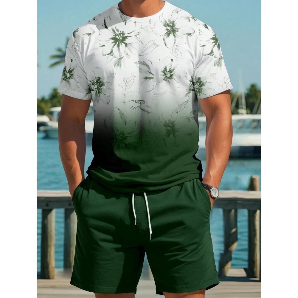 Summer Men's Short Sleeve Palm Tree Print Two Piece Drawstring Shorts Set Fashion Men's Vacation Beach Casual Suit