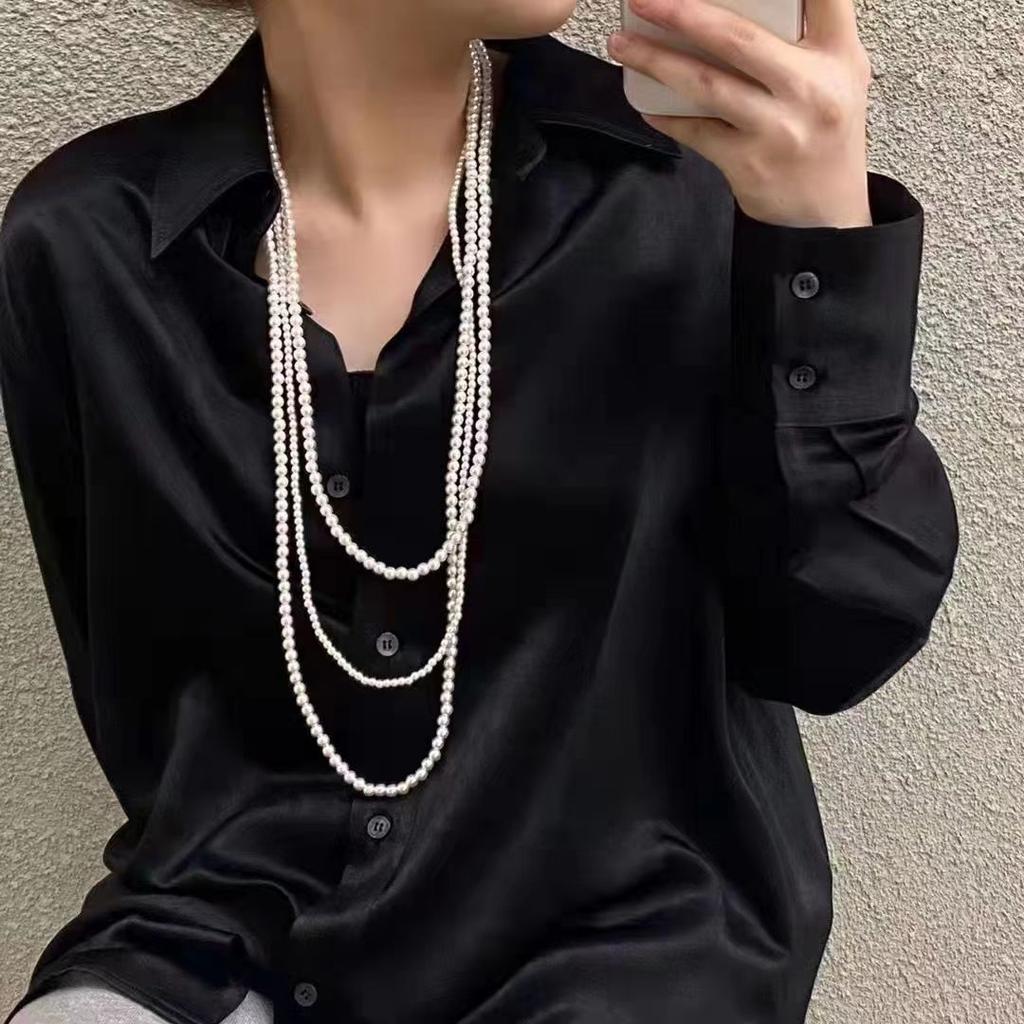 French design sense three-layer glass pearl long necklace sweater chain with small fragrant style retro gentle long necklace