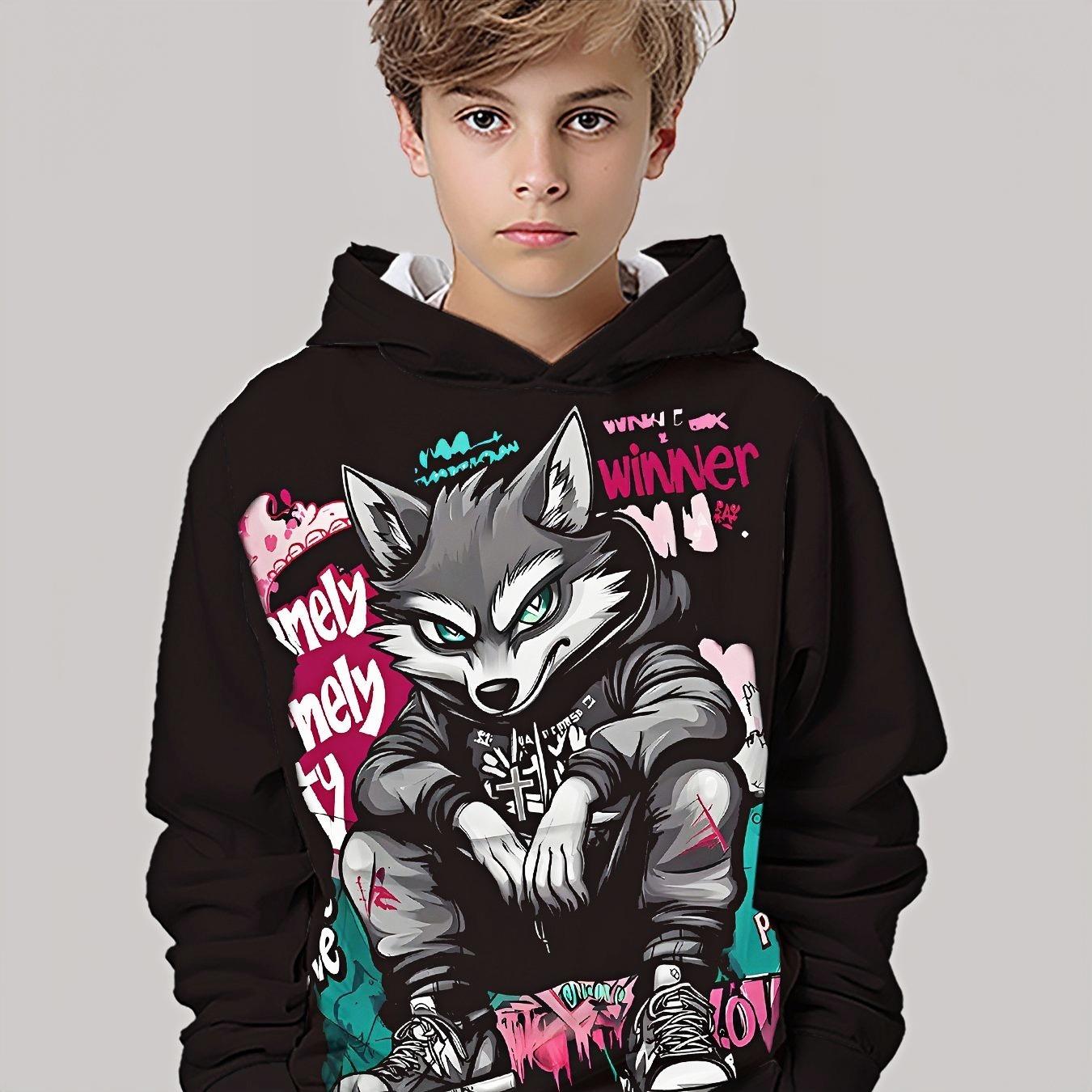 

Толстовка с капюшоном с 3D цифровой печатью, уличная мода, кофейного цвета, хип-хоп, крутой волк-граффити, трендовая повседневная детская одежда 13-14Y