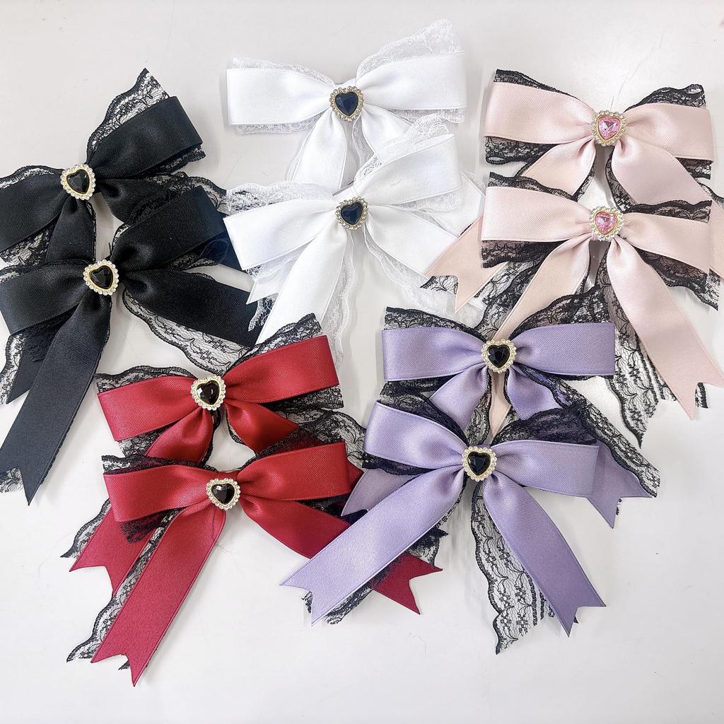 Set of 2 White Lace Ribbon Clips with Heart Jeweled Ribbons, Lolita, Dreamy Kawaii, Gothic Lolita Hair Clips, Hairpins, Hair Accessories [Used]