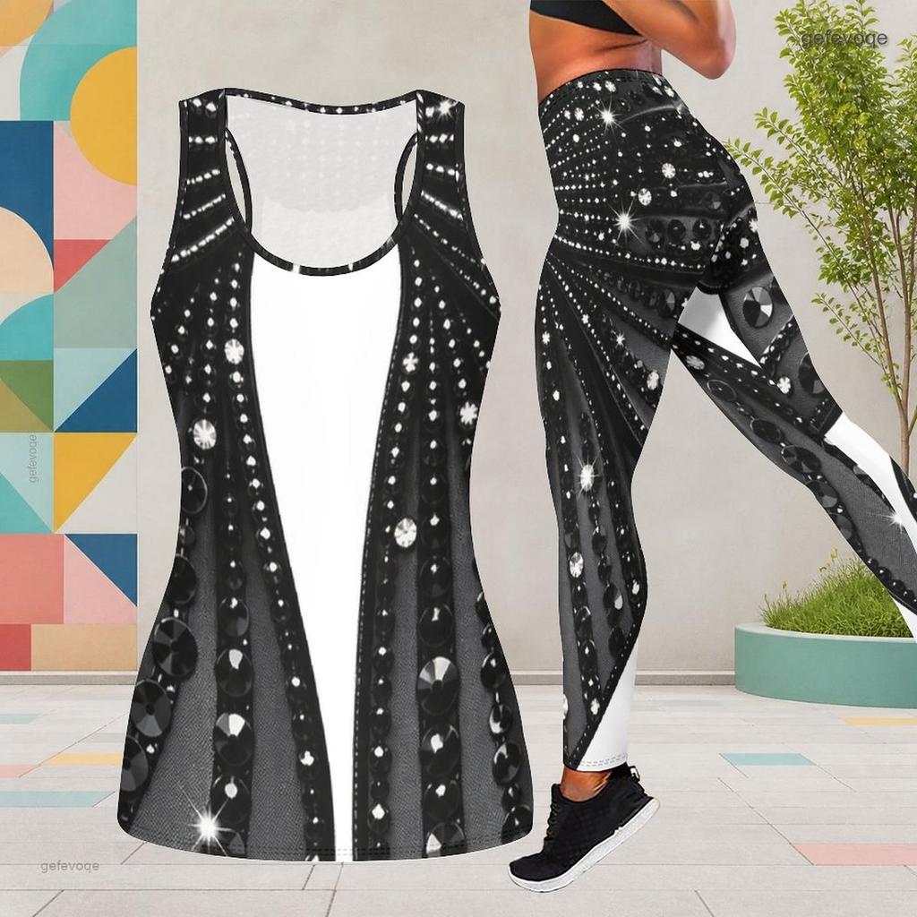 Women Plus Size Two Piece Set Scoop Neck Sleeveless Printed Tank Top Fitted Black Green Gold Pants