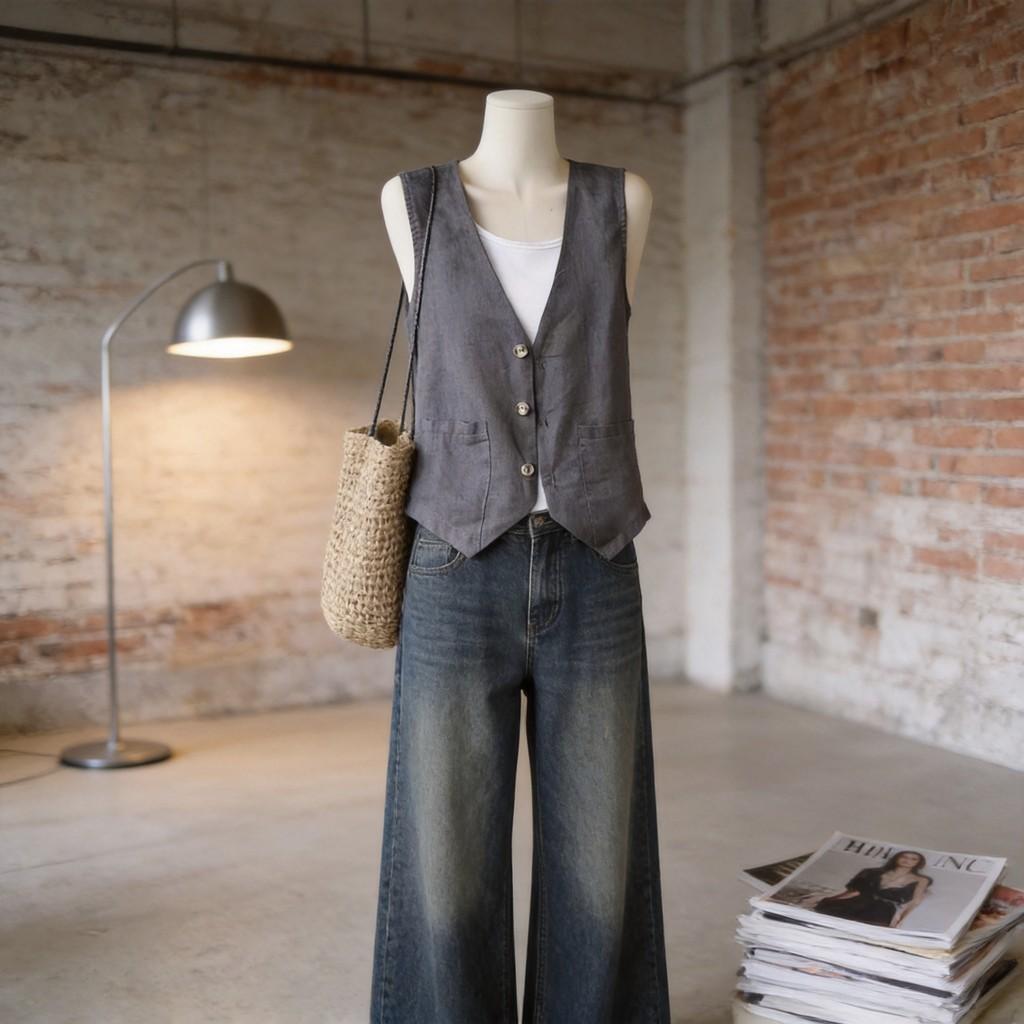 Women Loose Fit Short Linen Vest With Button Detail And V Neck Summer Casual Wear