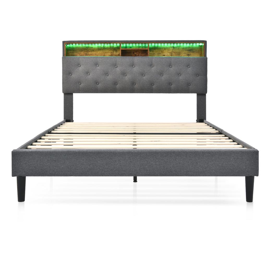 Upholstered Bed Double Bed Storage Headboard Bed with LED Lighting Bed Frame Slatted Frame made of Wood,140*200CM Grey (With Mattress)