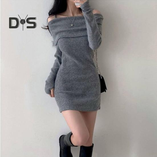 Women Knitting Tops Off Shoulder Long Sleeve Solid Color Slim Fit Pullover Tops Sexy Ribbed Long Blouse
