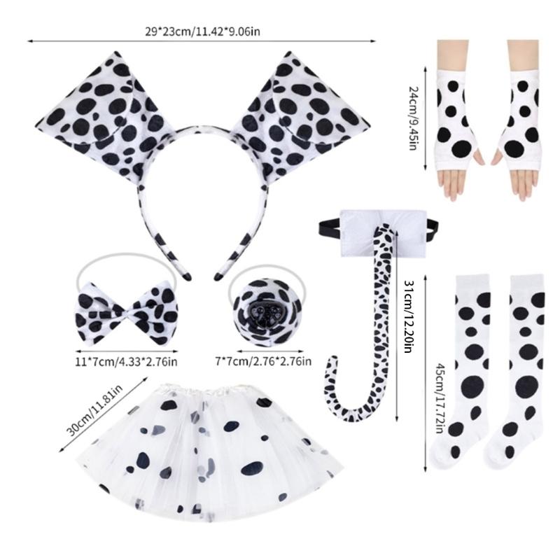 Dalmatiner Welpen Kostüm Set Ohr Stirnband Schwanz Fliege Nase Handschuh Tutu Rock für Kind Halloween Weihnachten Tier Cosplay
