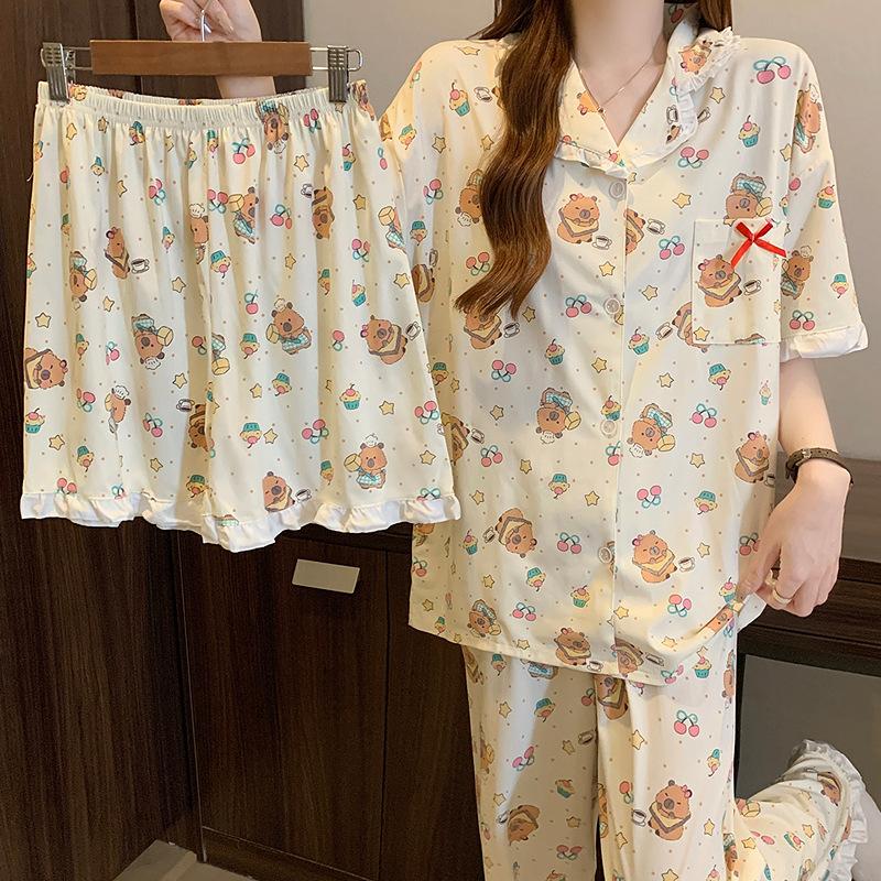 Imitation cotton pajamas women's summer cartoon short-sleeved three-piece set summer thin comfortable loungewear