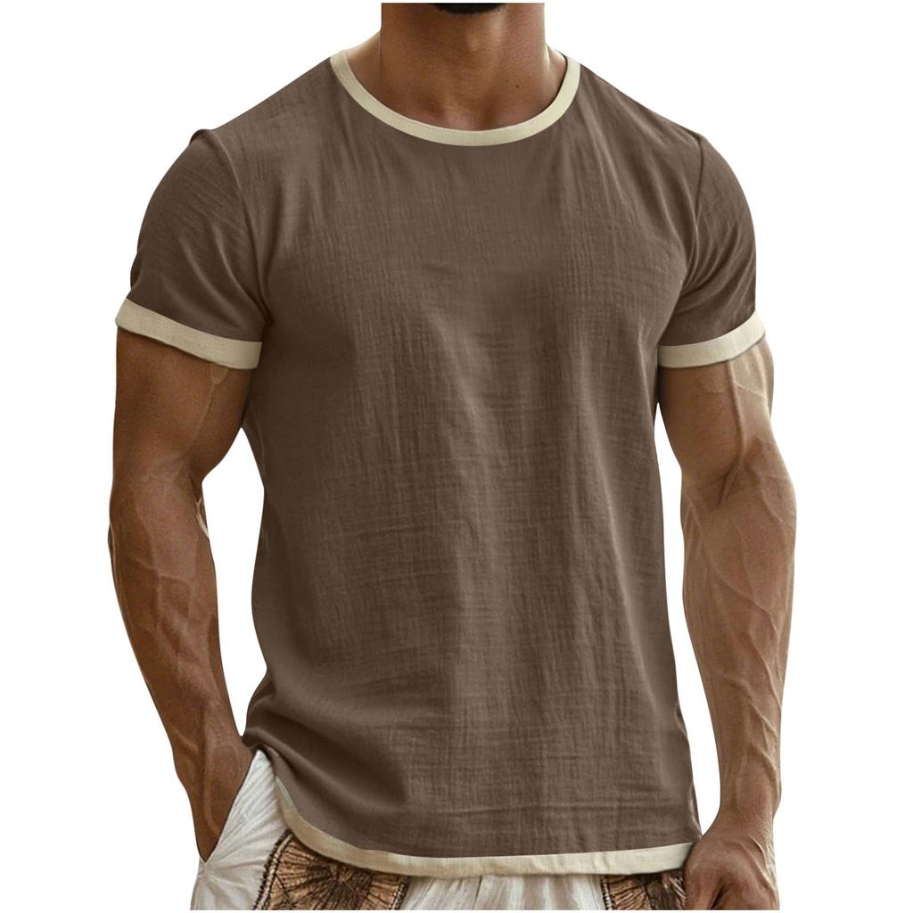 Men's Colorblock Cotton Linen Short Sleeve T-Shirt Lightweight Breathable Round Neck Casual Vacation Top